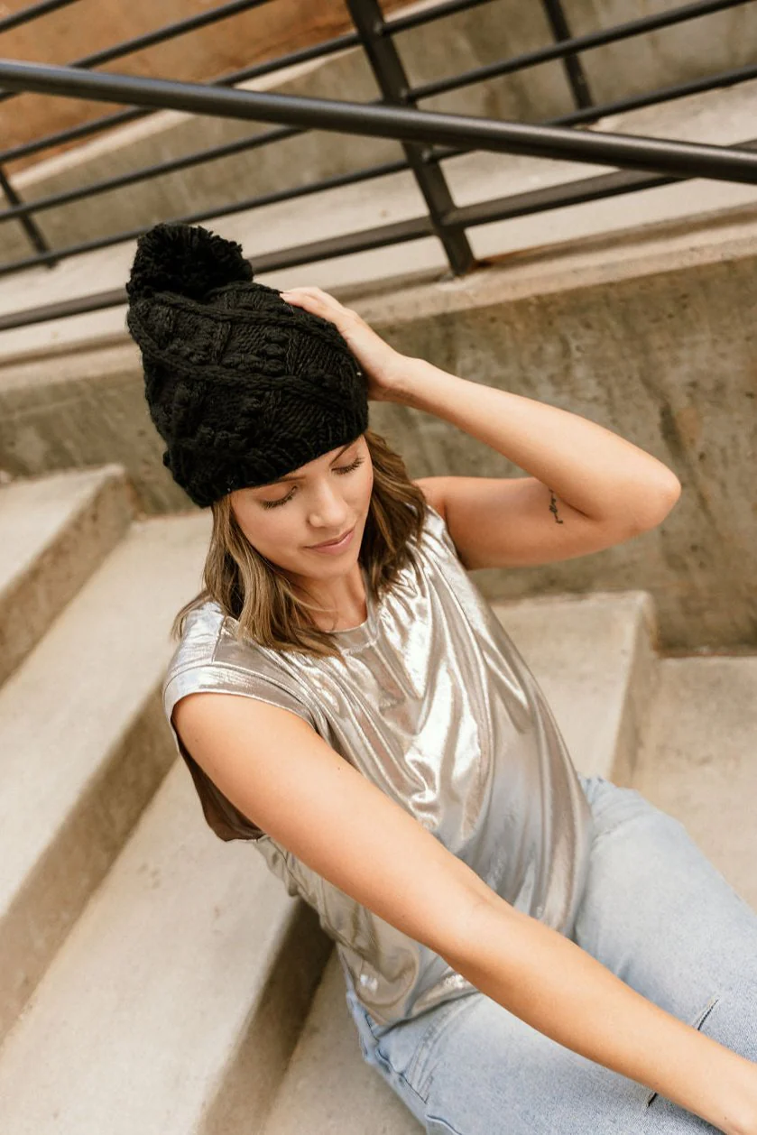 Nova Black Pom Pom Beanie - Image 3