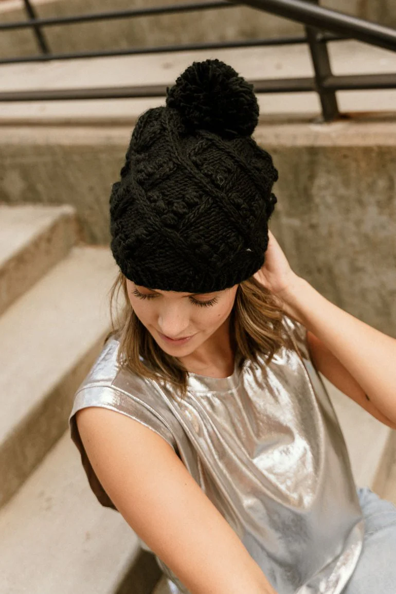 Nova Black Pom Pom Beanie - Image 4