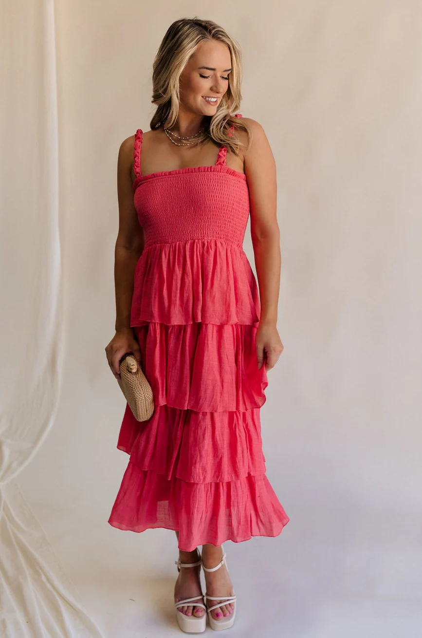 Nova Pink Smocked Tiered Midi Dress