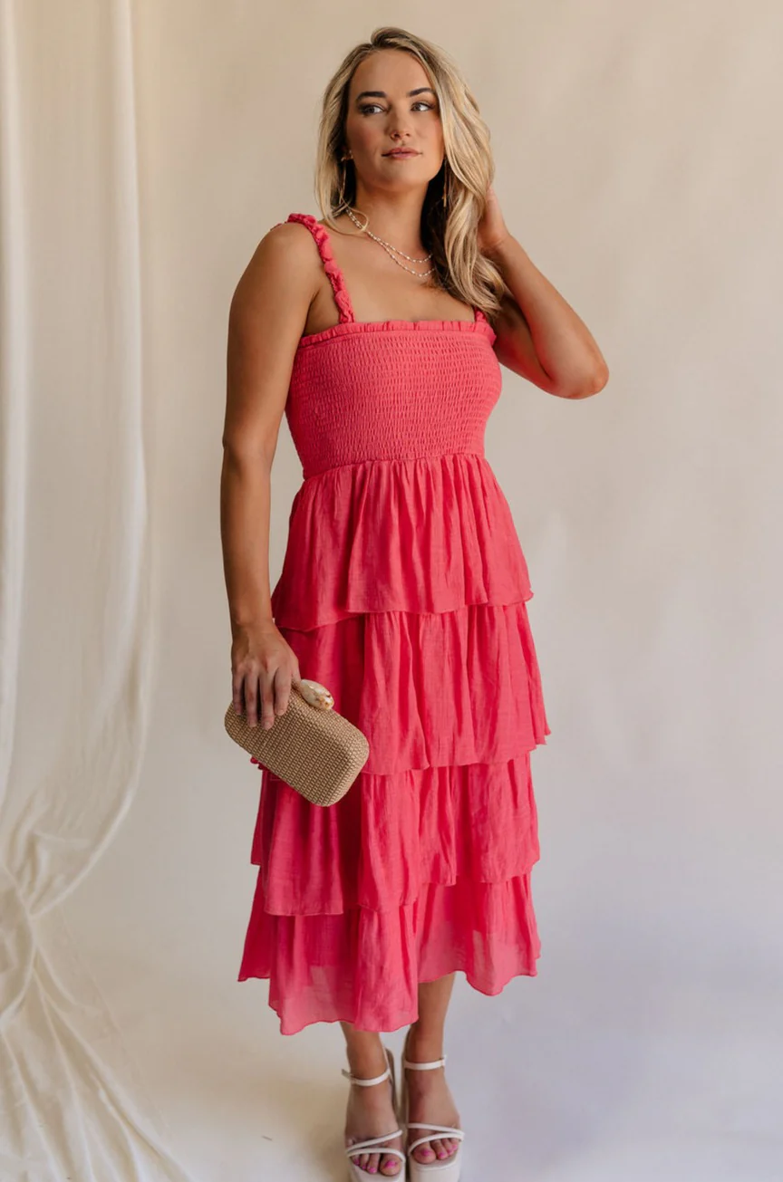 Nova Pink Smocked Tiered Midi Dress - Image 10