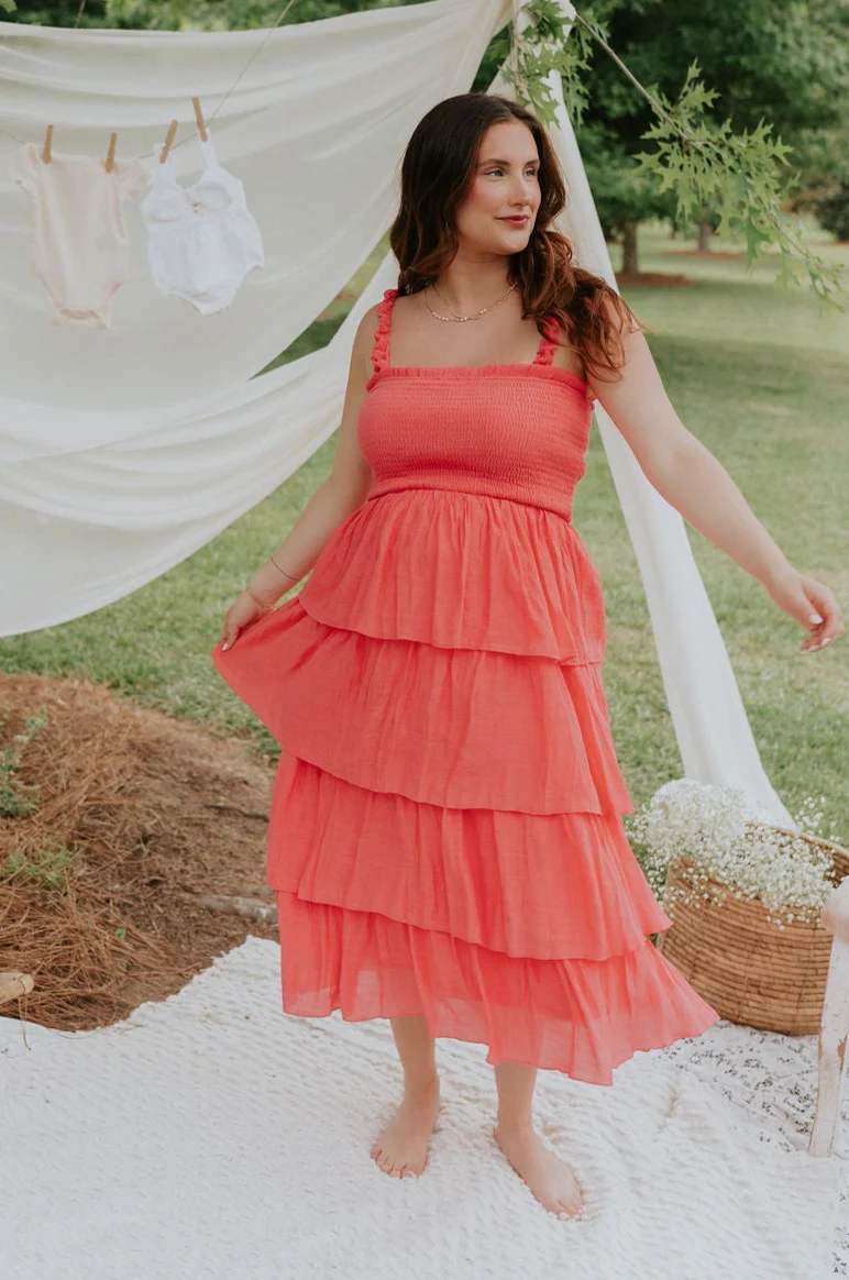Nova Pink Smocked Tiered Midi Dress - Image 11