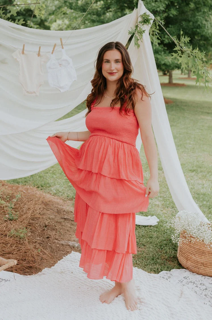 Nova Pink Smocked Tiered Midi Dress - Image 12