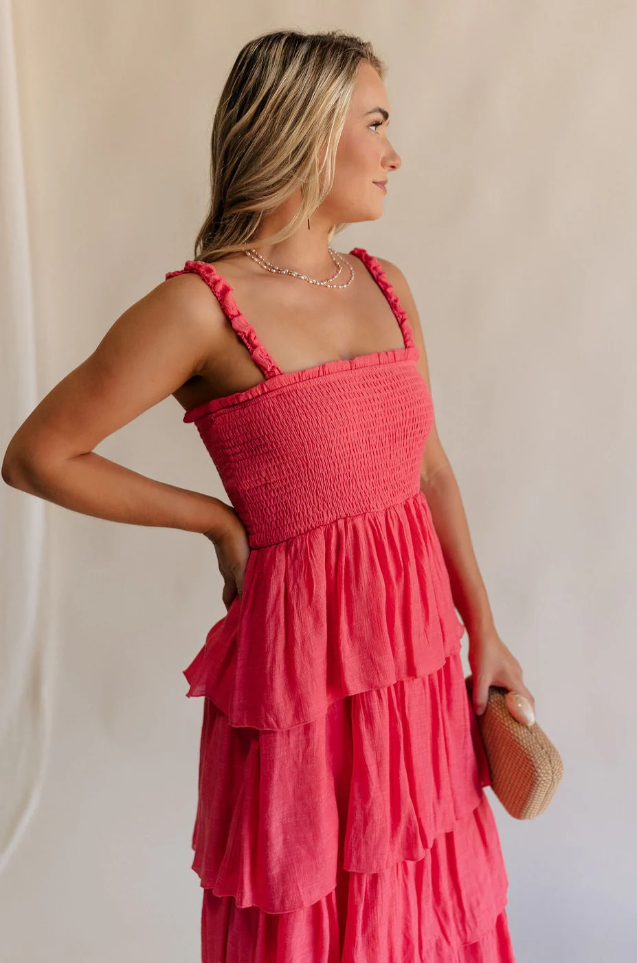 Nova Pink Smocked Tiered Midi Dress - Image 4