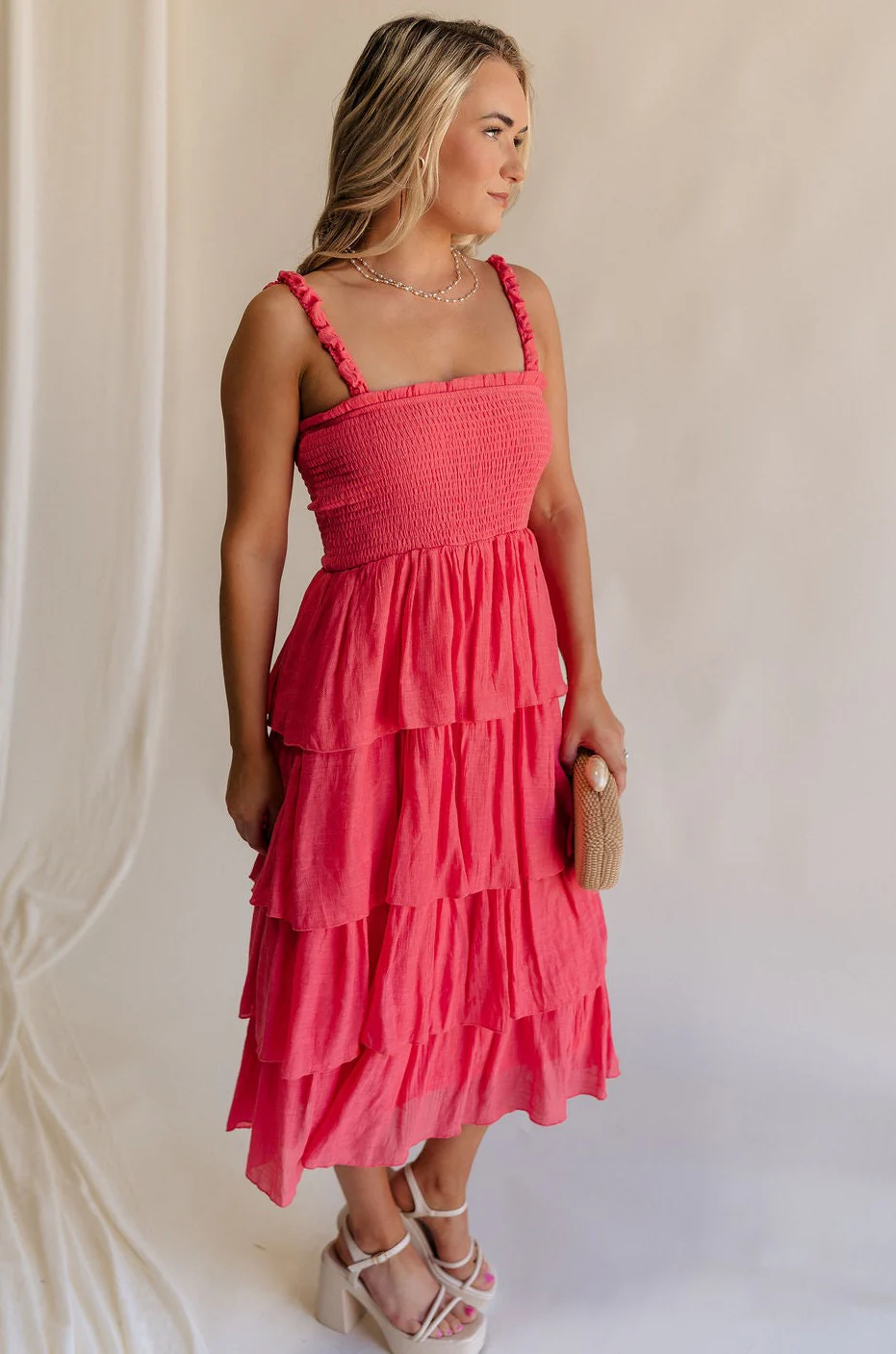 Nova Pink Smocked Tiered Midi Dress - Image 5