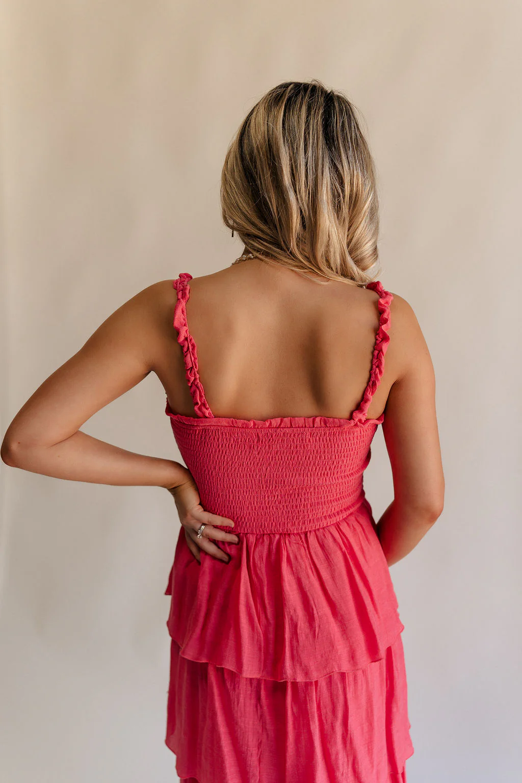 Nova Pink Smocked Tiered Midi Dress - Image 6