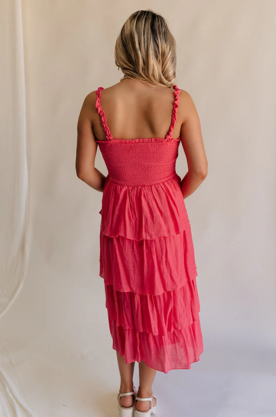 Nova Pink Smocked Tiered Midi Dress - Image 7