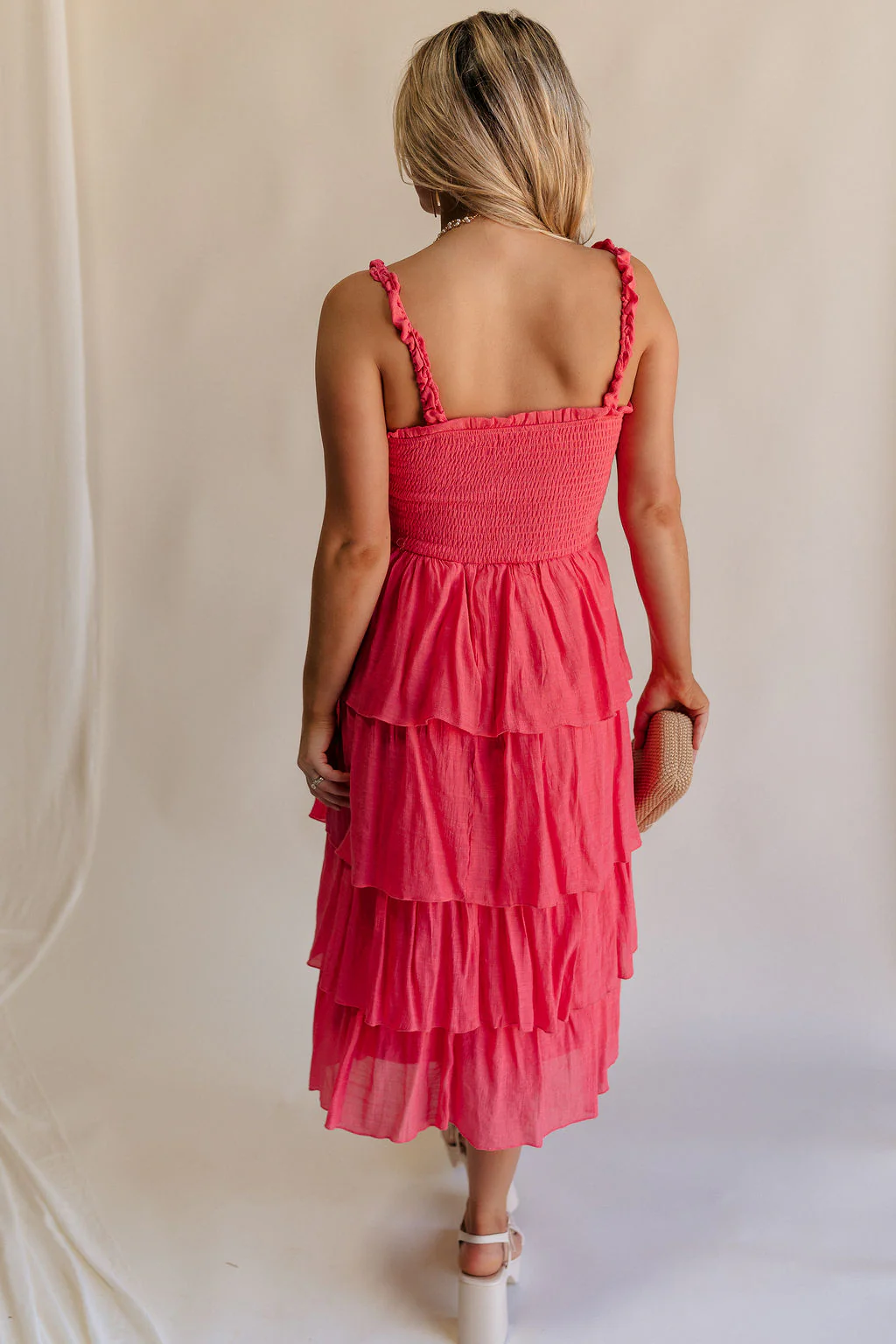 Nova Pink Smocked Tiered Midi Dress - Image 8