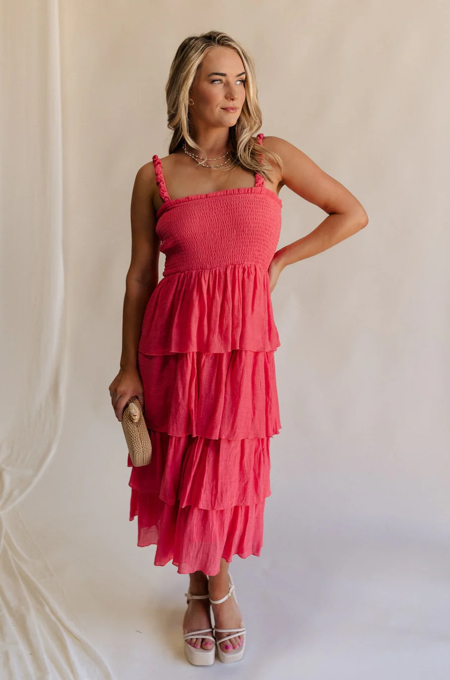 Nova Pink Smocked Tiered Midi Dress - Image 9
