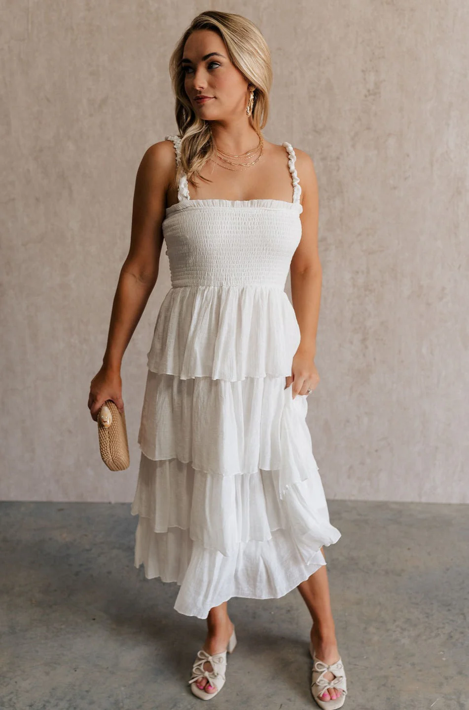 Nova White Smocked Tiered Midi Dress