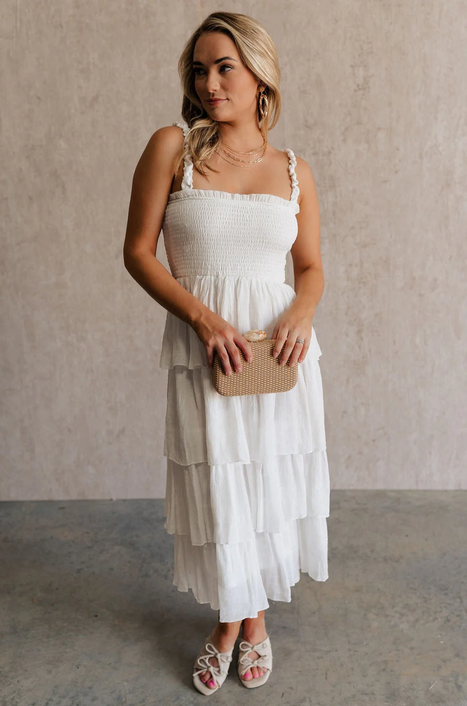 Nova White Smocked Tiered Midi Dress - Image 2