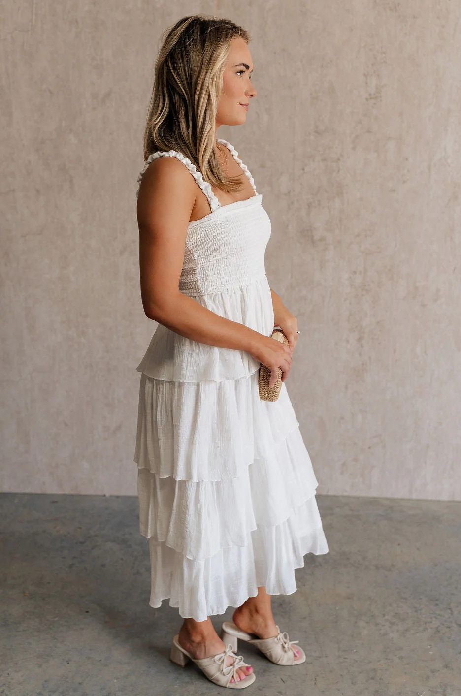 Nova White Smocked Tiered Midi Dress - Image 3