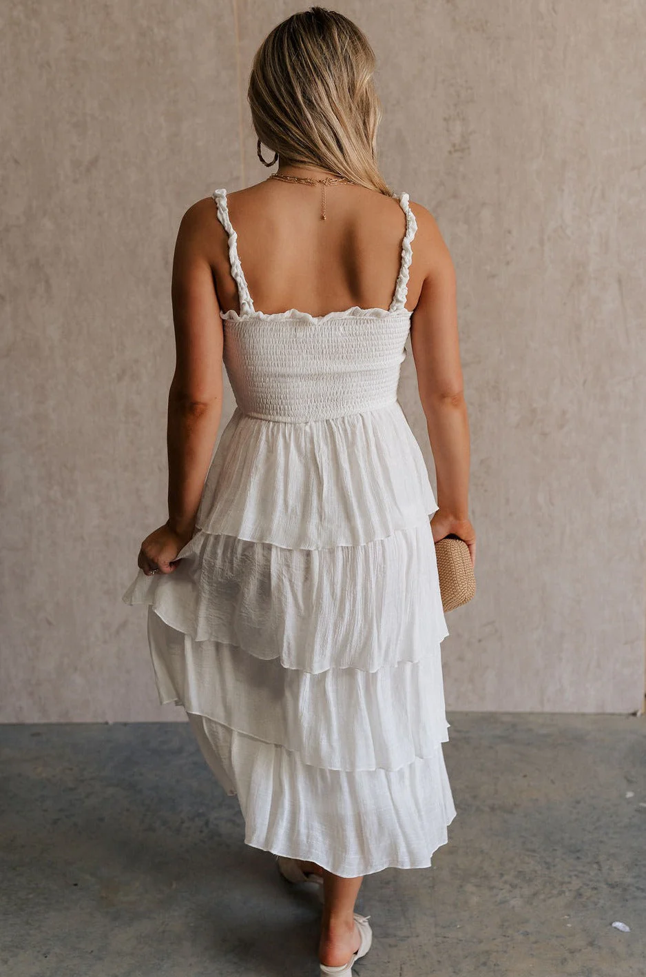 Nova White Smocked Tiered Midi Dress - Image 4