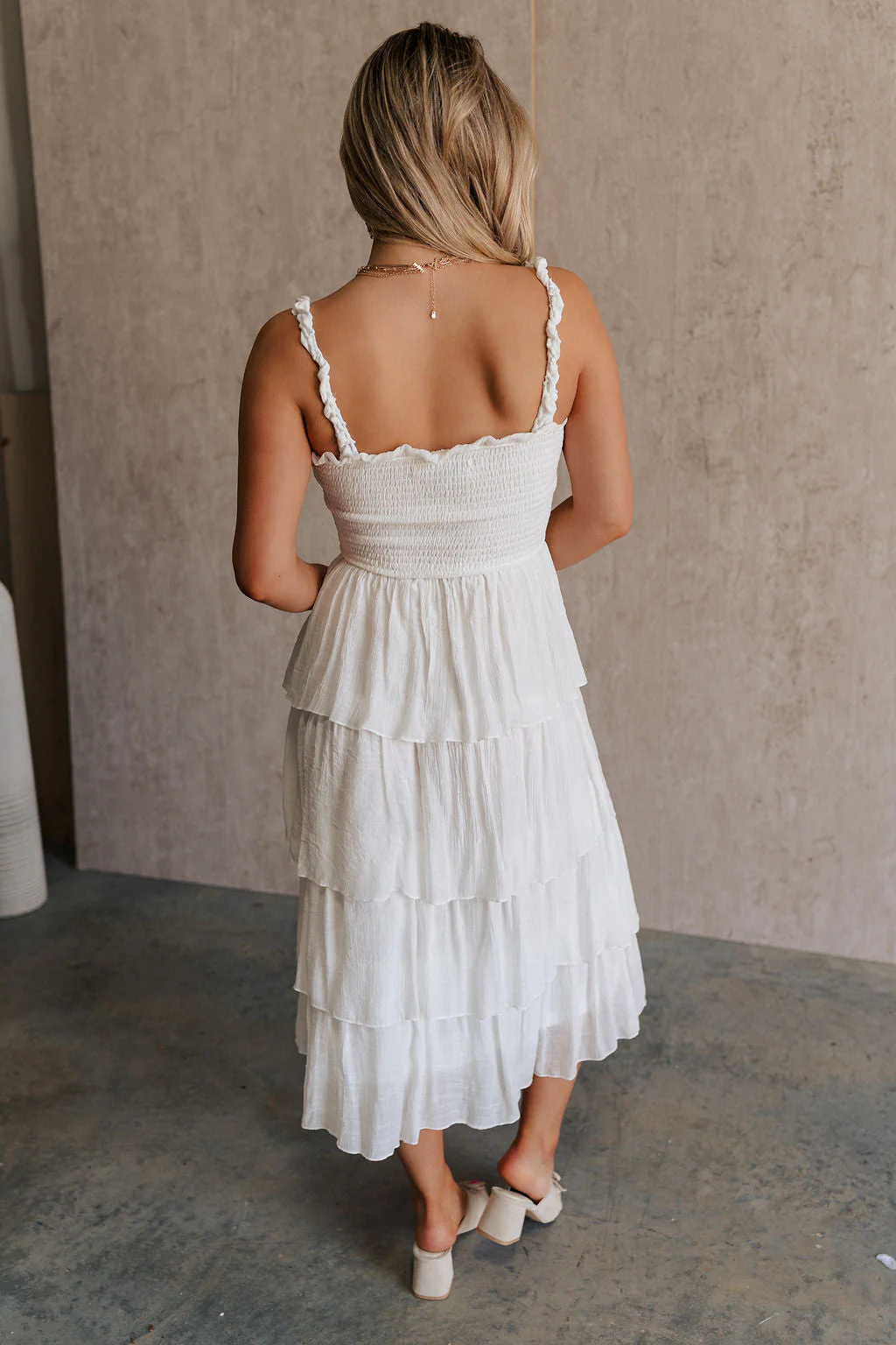 Nova White Smocked Tiered Midi Dress - Image 5