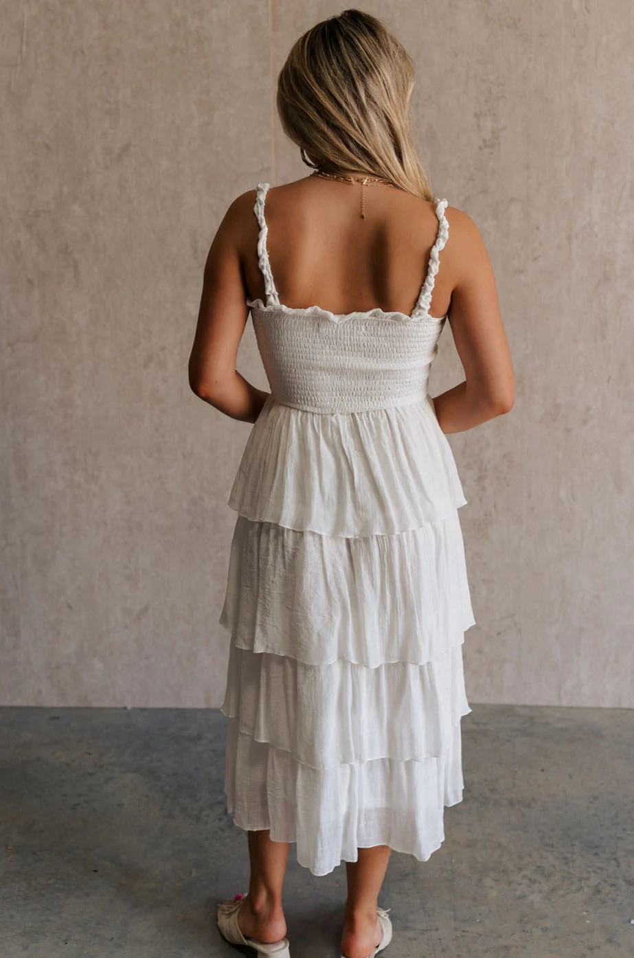 Nova White Smocked Tiered Midi Dress - Image 6