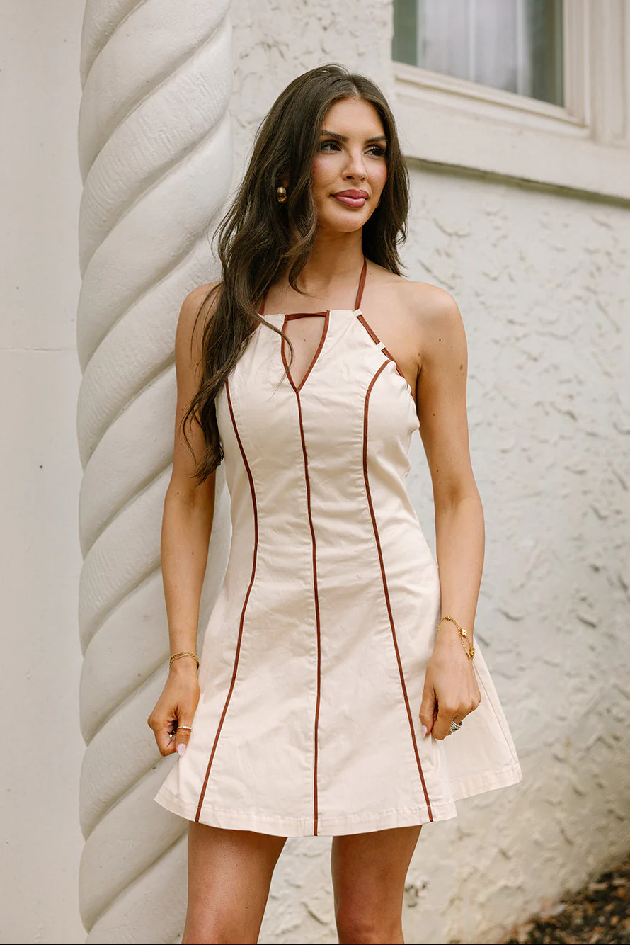 Nyla Beige & Brown Flare Mini Dress - Image 3