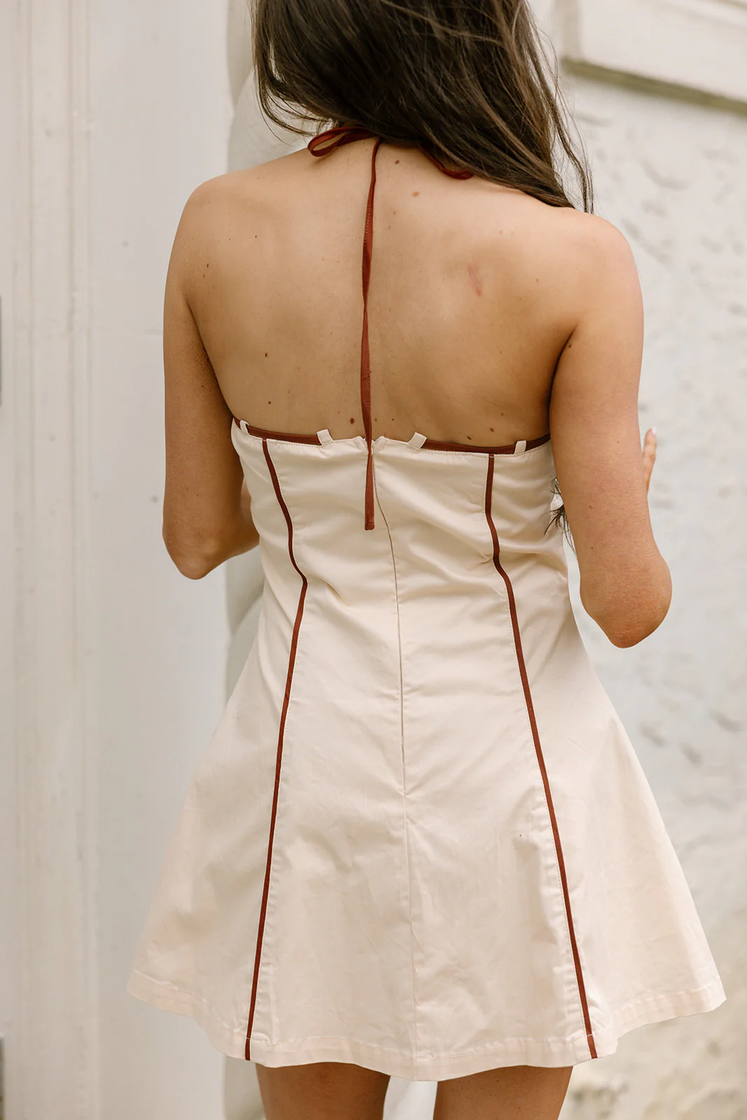 Nyla Beige & Brown Flare Mini Dress - Image 6