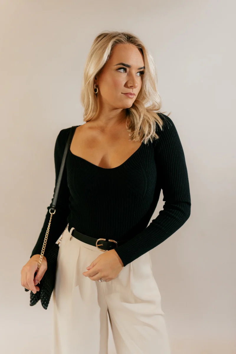 Nyla Black Ribbed Long Sleeve Top