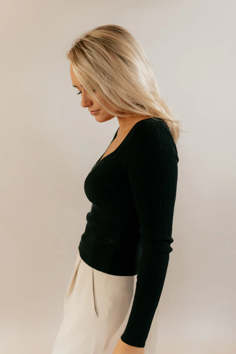 Nyla Black Ribbed Long Sleeve Top - Image 6
