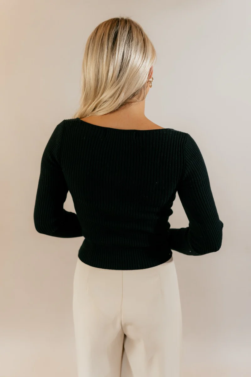 Nyla Black Ribbed Long Sleeve Top - Image 8