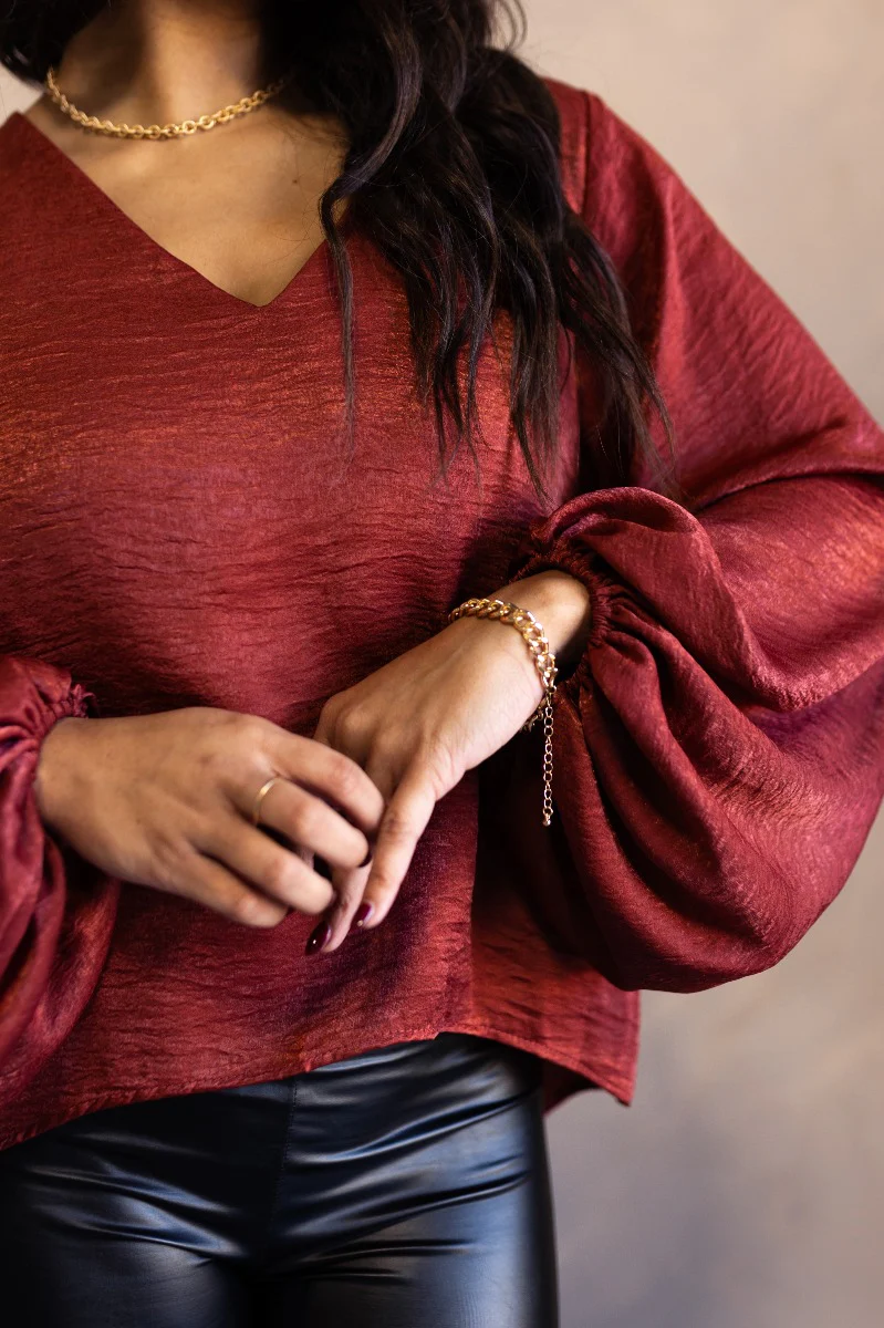 Nyla Brick Satin Long Balloon Sleeve Top - Image 2