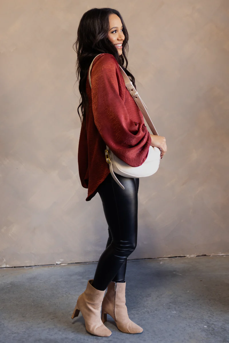 Nyla Brick Satin Long Balloon Sleeve Top - Image 3