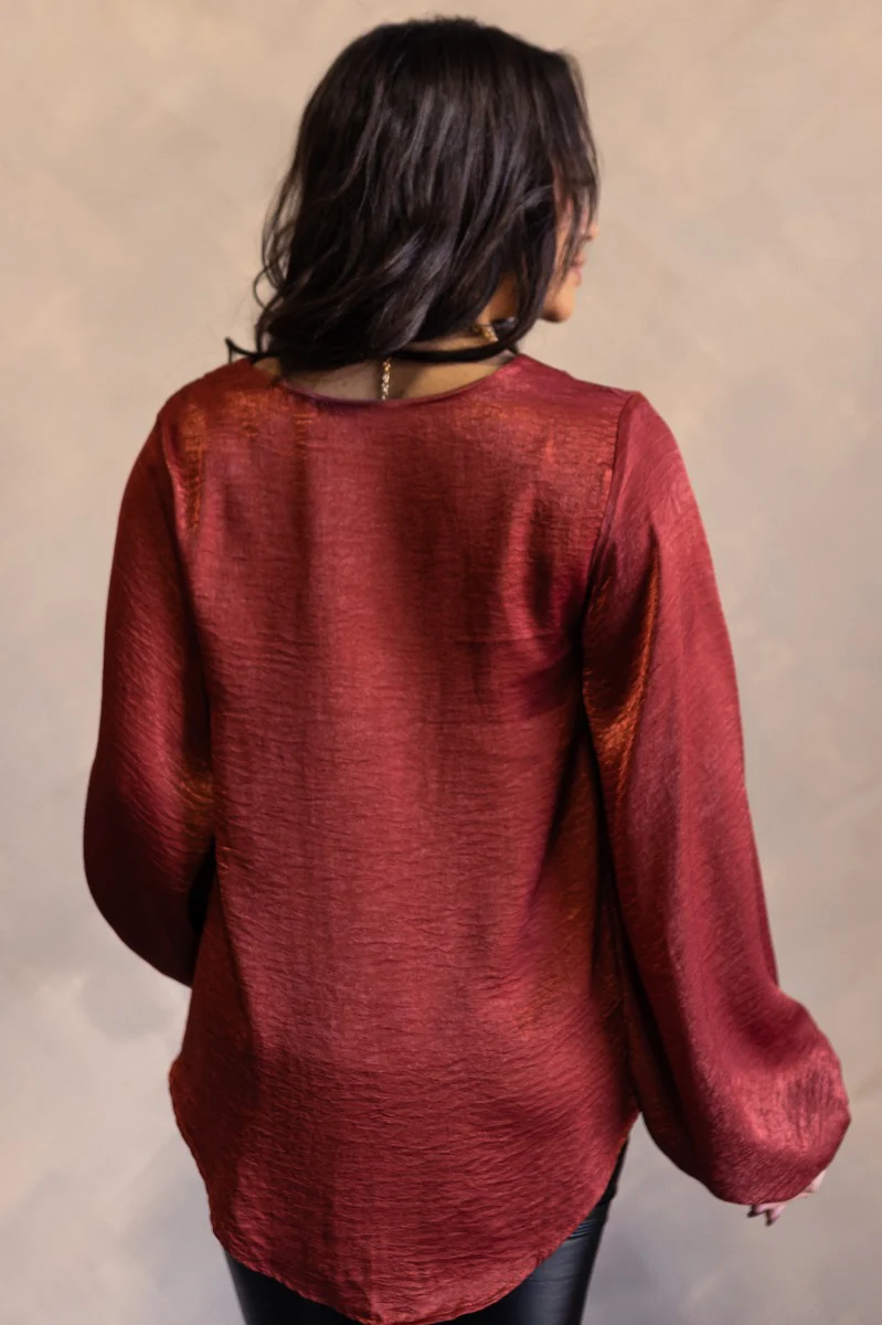 Nyla Brick Satin Long Balloon Sleeve Top - Image 4