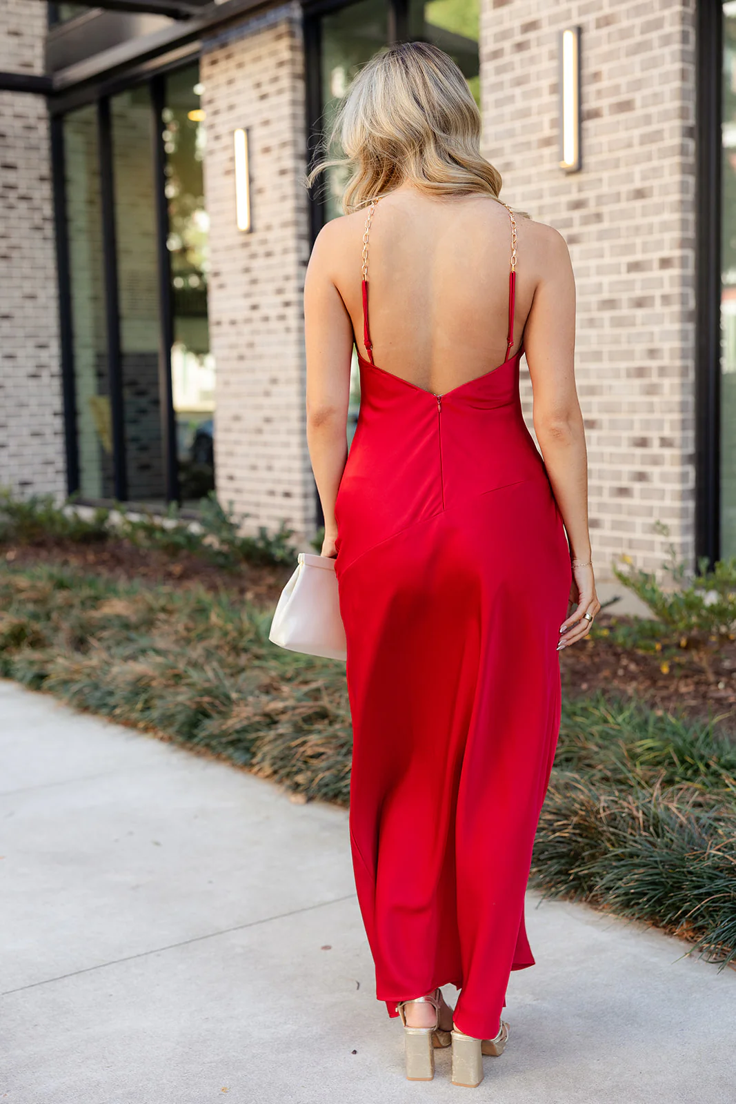 Nyla Gold Chain Halter & Red Satin Dress - Image 7