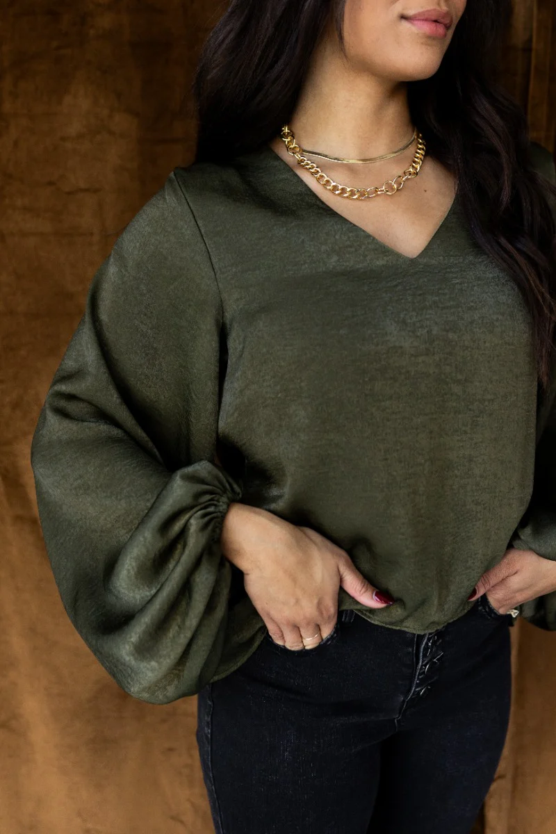 Nyla Olive Satin Long Balloon Sleeve Top - Image 3