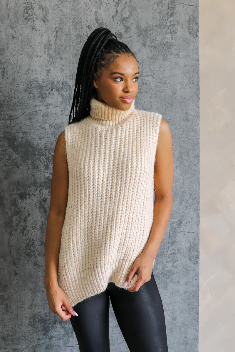 Olivia Beige Cable Knit Turtleneck Sleeveless Sweater