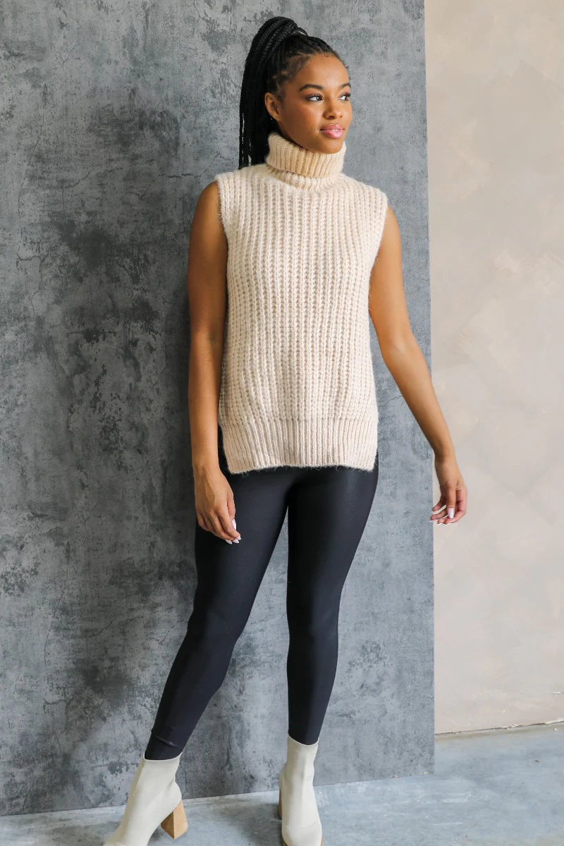 Olivia Beige Cable Knit Turtleneck Sleeveless Sweater - Image 2