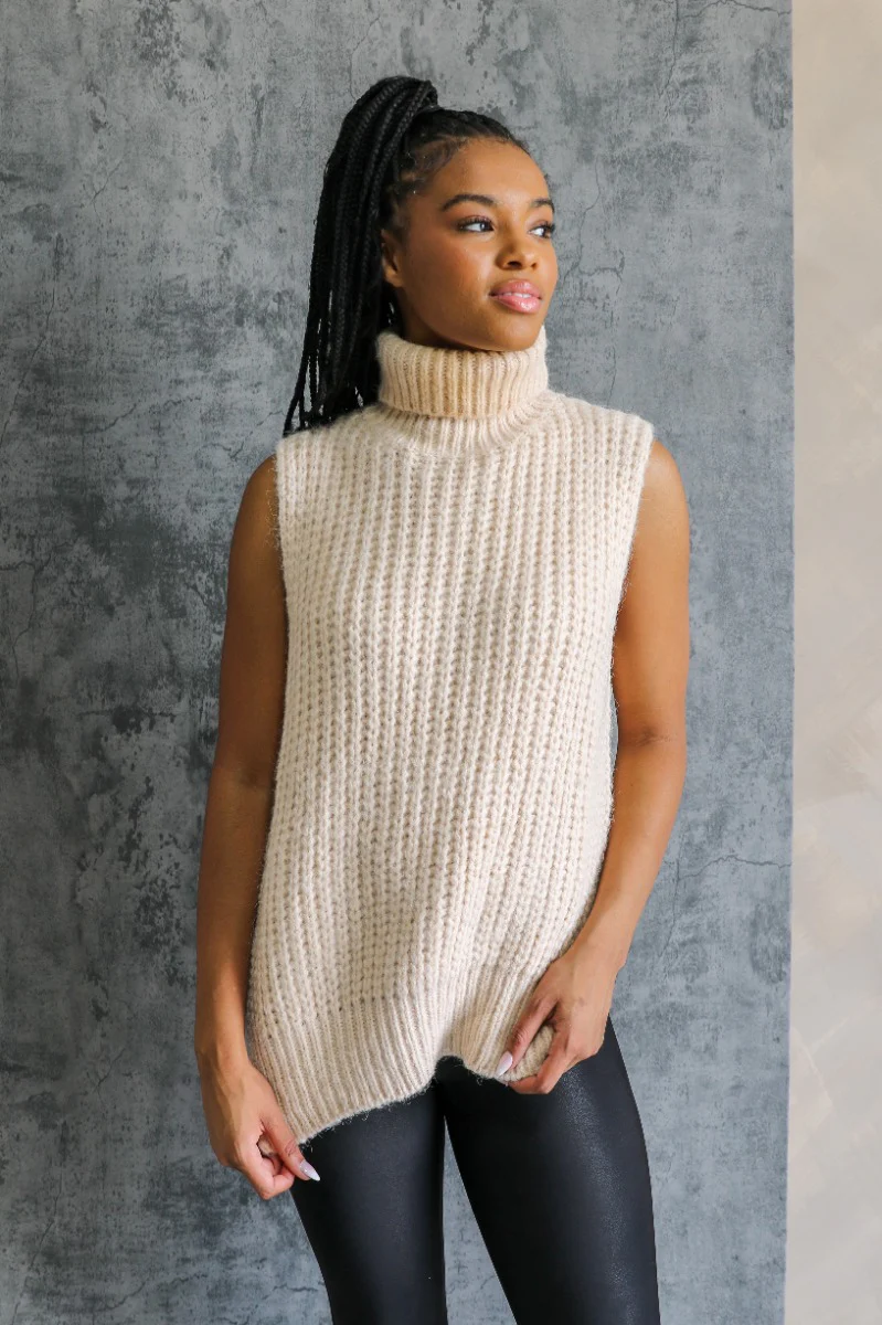 Olivia Beige Cable Knit Turtleneck Sleeveless Sweater - Image 3