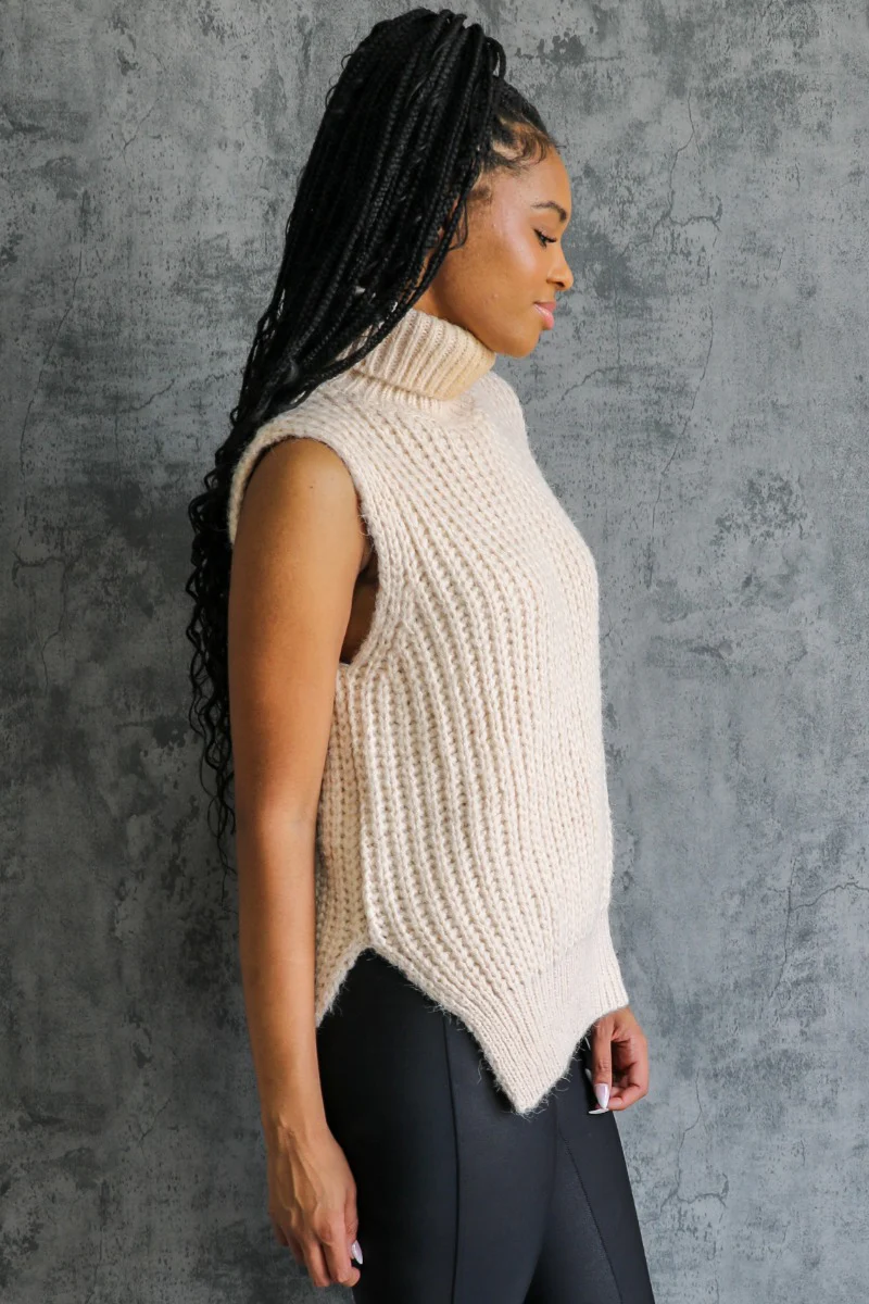 Olivia Beige Cable Knit Turtleneck Sleeveless Sweater - Image 4