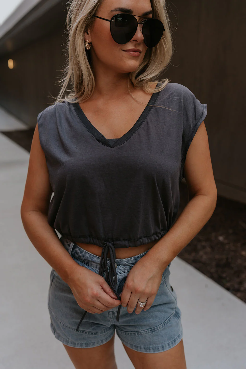 Olivia Charcoal Grey Ruched Short Sleeve Top - Image 2