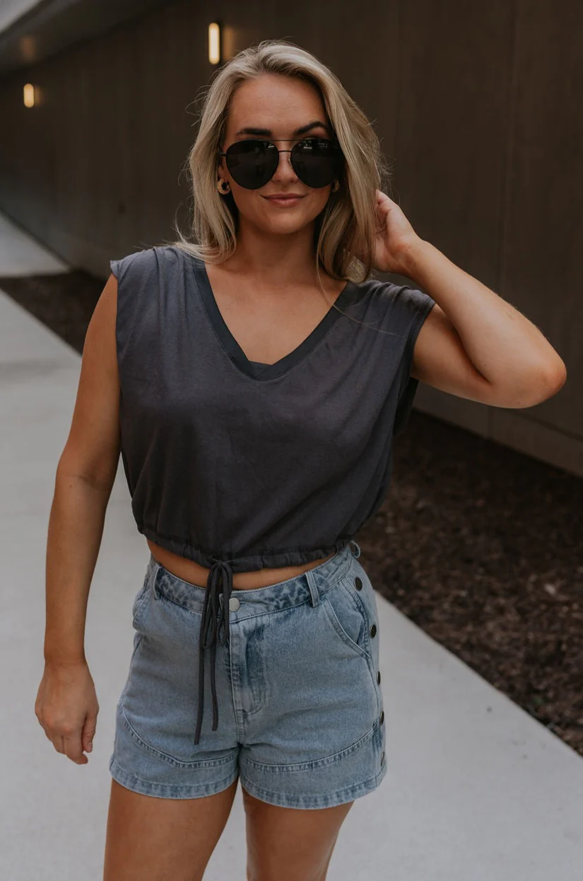 Olivia Charcoal Grey Ruched Short Sleeve Top - Image 3
