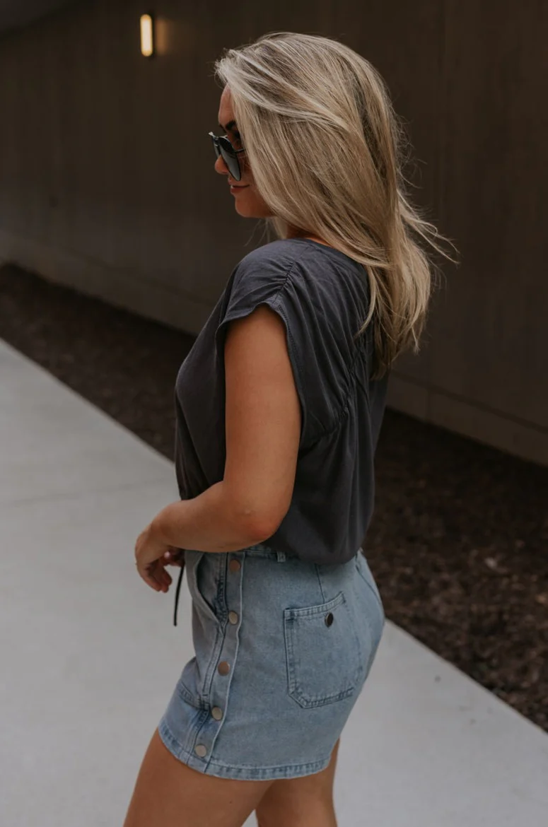 Olivia Charcoal Grey Ruched Short Sleeve Top - Image 4