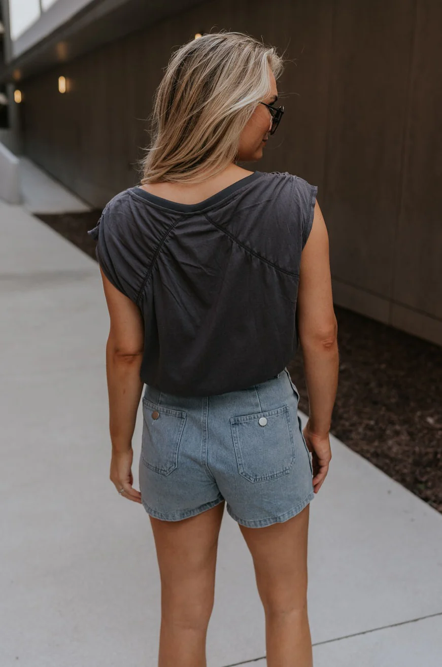 Olivia Charcoal Grey Ruched Short Sleeve Top - Image 6