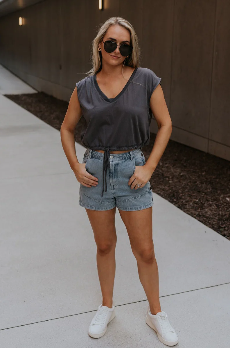 Olivia Charcoal Grey Ruched Short Sleeve Top - Image 7