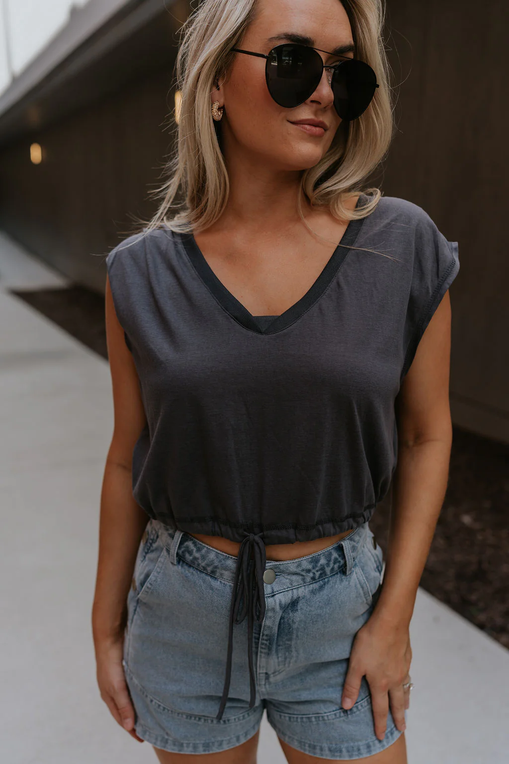 Olivia Charcoal Grey Ruched Short Sleeve Top - Image 8