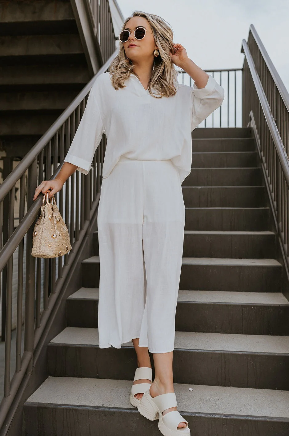 ONA Streetworks Slide Heel Sandal in in Honey White & Sea Salt - Image 2