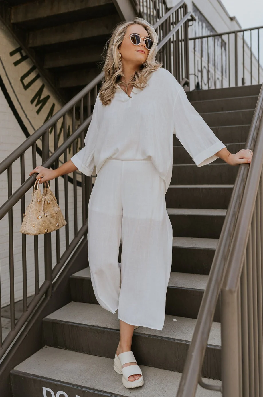 ONA Streetworks Slide Heel Sandal in in Honey White & Sea Salt - Image 3