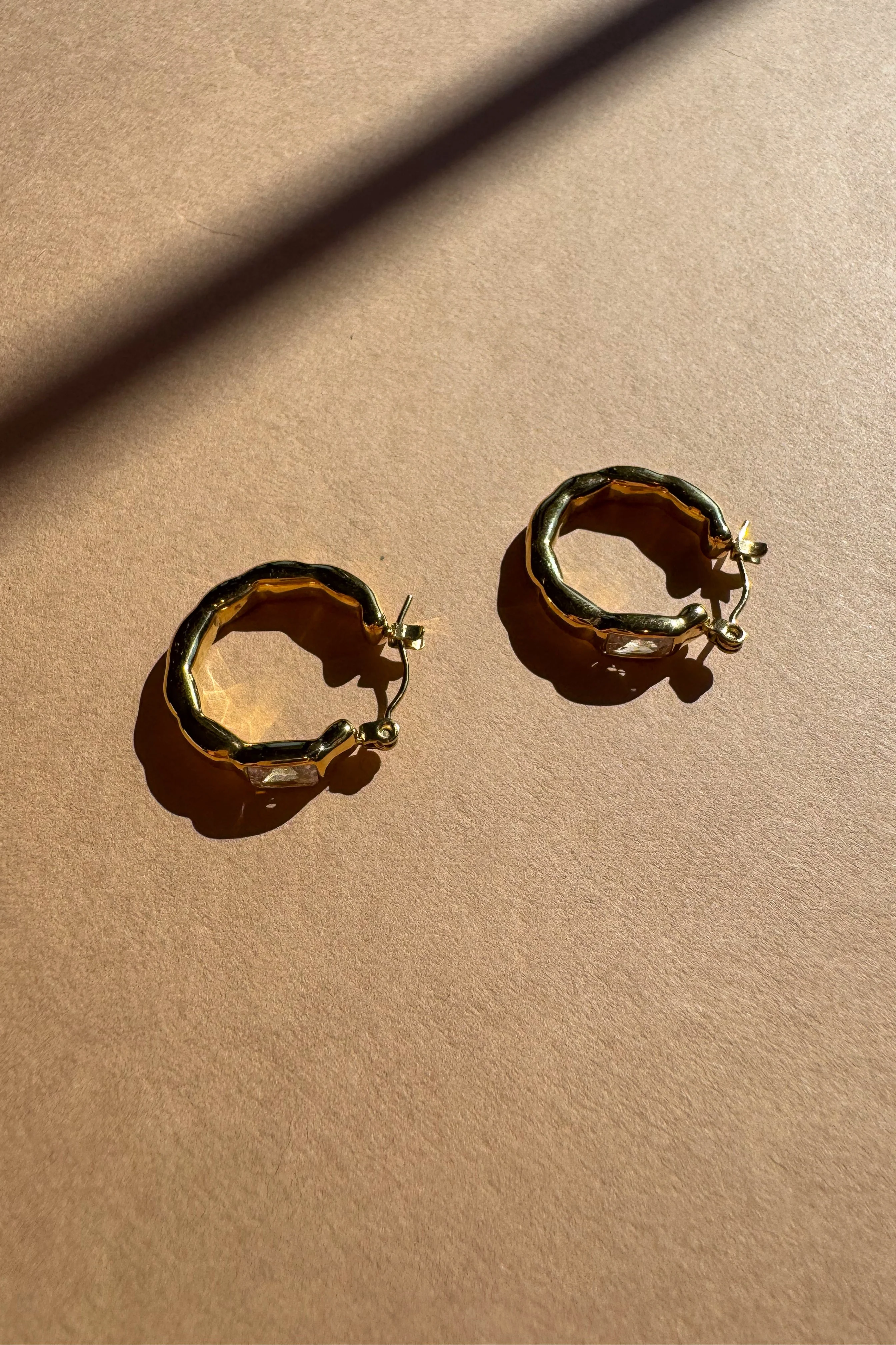 Ophelia Hammered Gold & Rhinestone Hoop Earrings - Image 3