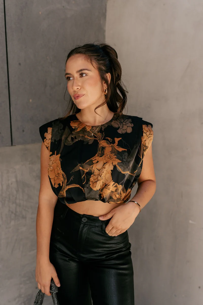 Paige Black Floral Satin Bubble Hem Top - Image 3
