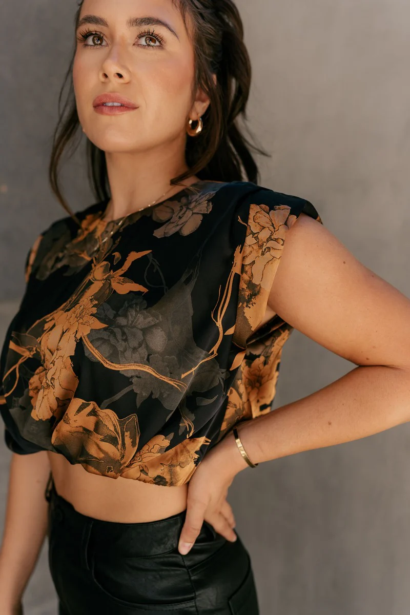 Paige Black Floral Satin Bubble Hem Top - Image 5
