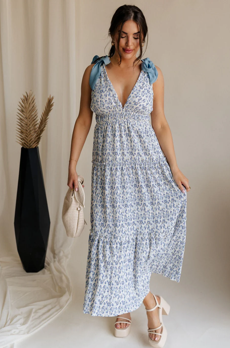 Palmer Ivory & Blue Floral Tie Straps Midi Dress