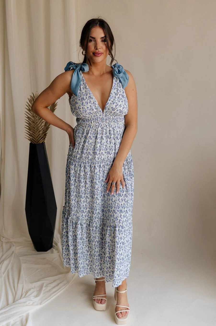 Palmer Ivory & Blue Floral Tie Straps Midi Dress - Image 6