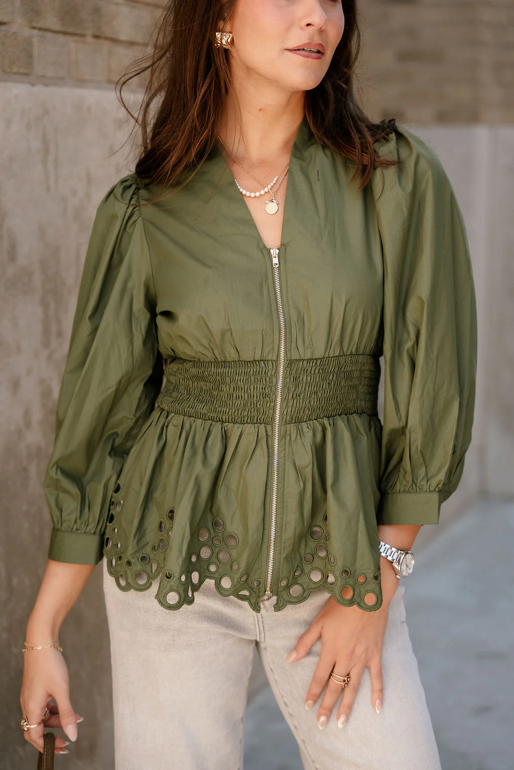 Palmer Olive Green Eyelet Zip-Up Top - Image 2
