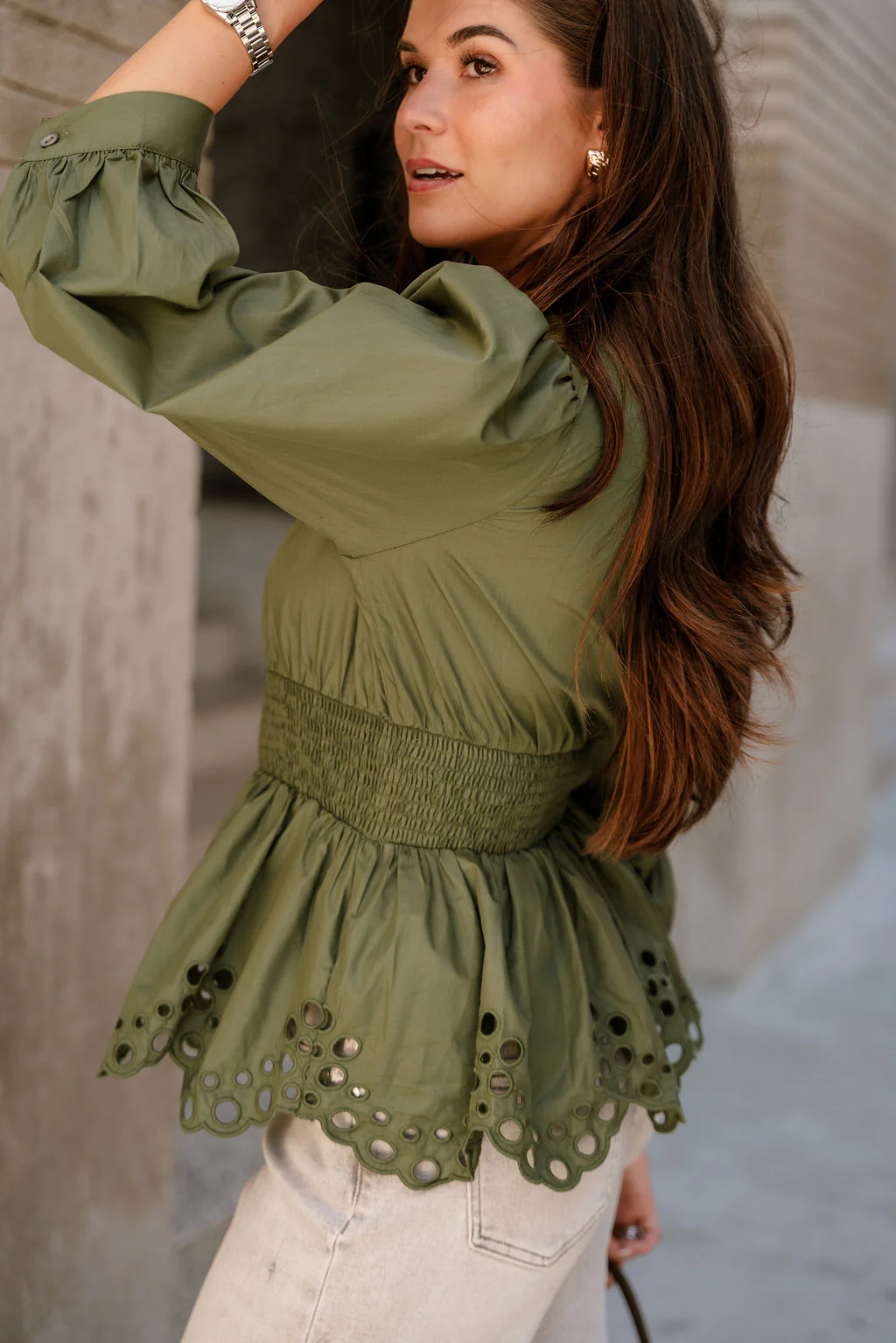 Palmer Olive Green Eyelet Zip-Up Top - Image 3