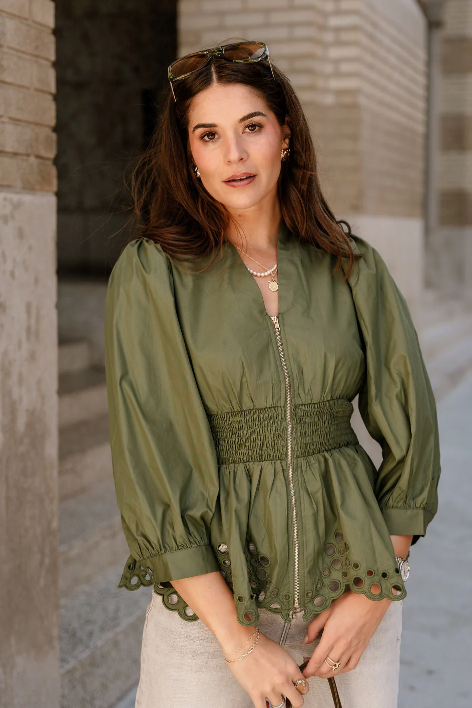 Palmer Olive Green Eyelet Zip-Up Top - Image 5