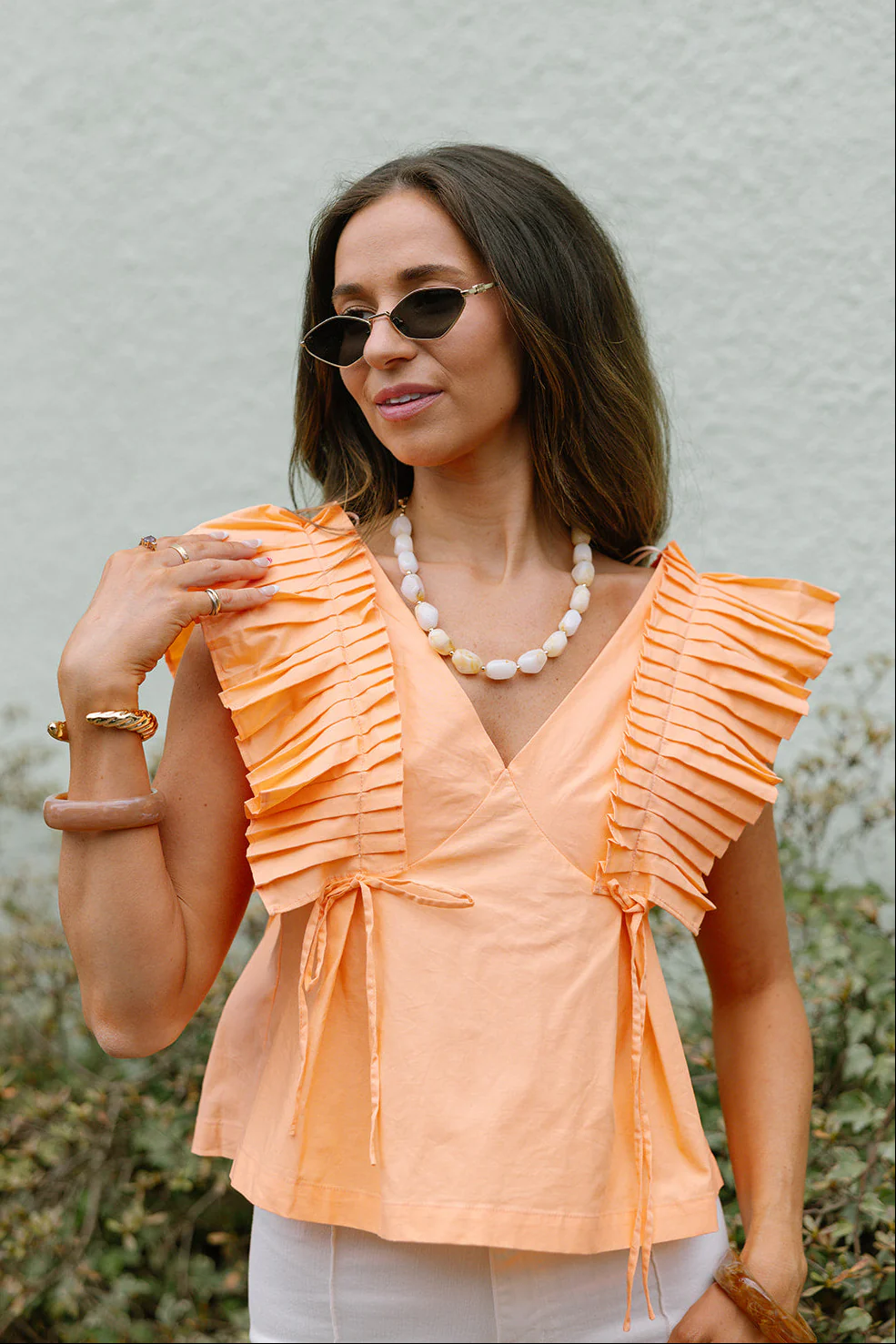 Palmer Orange Coral Pleated Ruffle Top