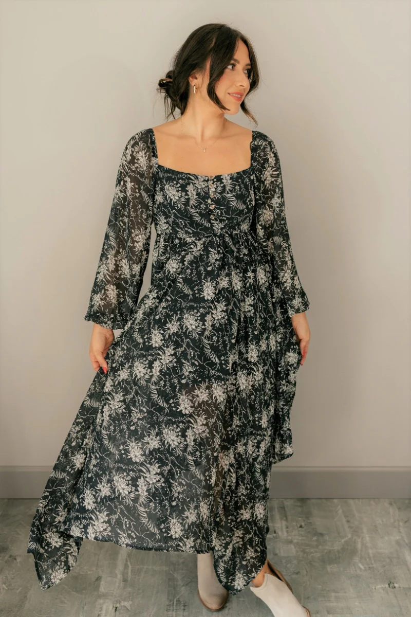 Paloma Charcoal & Cream Floral Long Sleeve Midi Dress